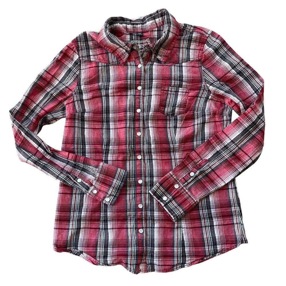 GUESS Women’s Western Denim Shirt Size Large Red Long Sleeve Pearl Snap Buttons